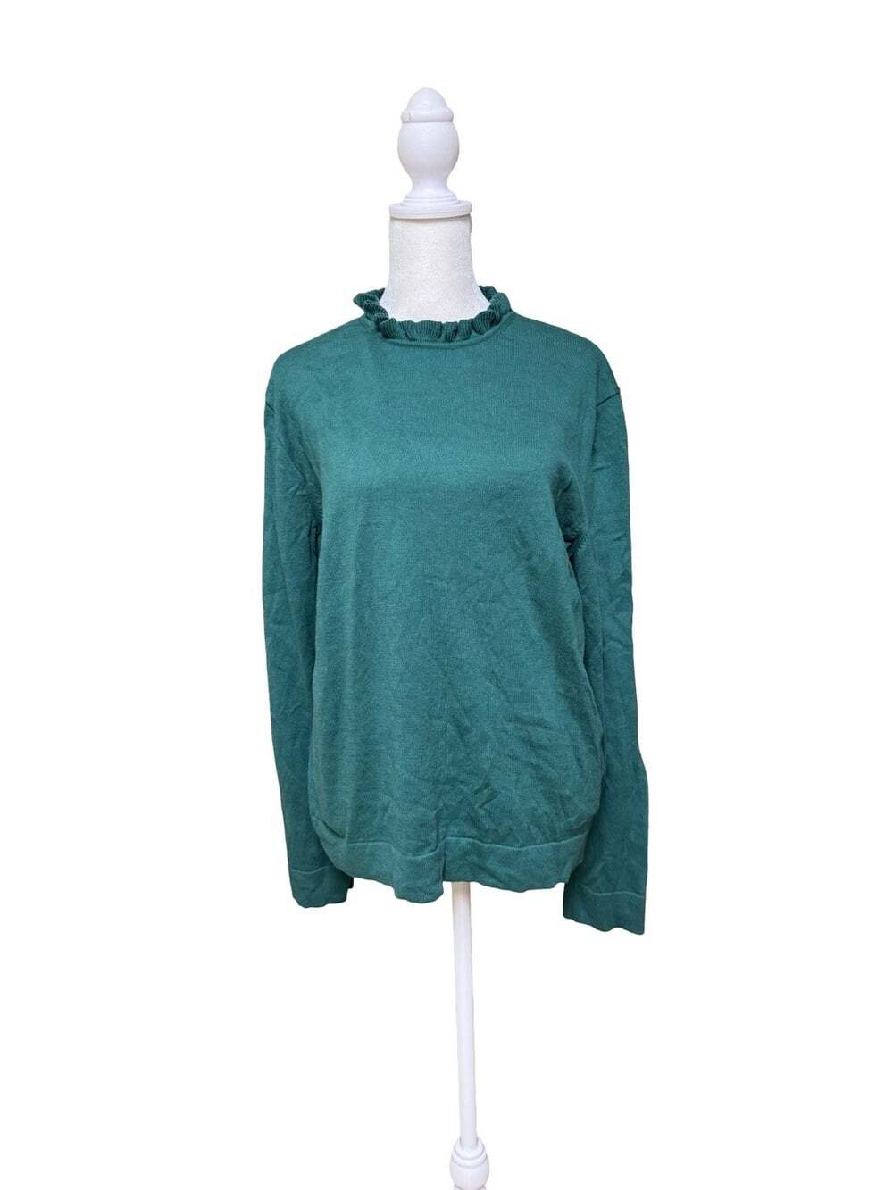 J.Crew Women’s XL Teal Green 100% Cotton Ruffle Neck Sweater Pullover